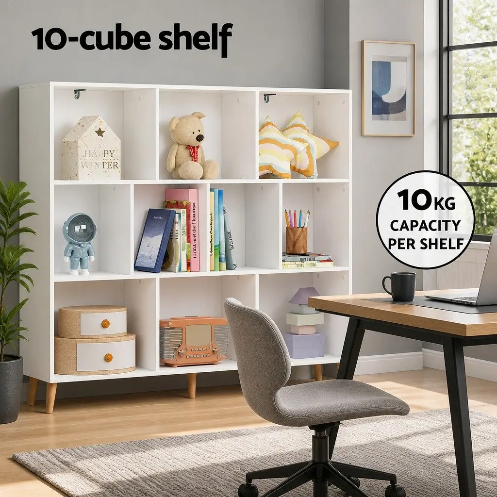 Bookshelf Minimalist 3 Tier 10 Cubes Storage Display Unit White Paper Veneer Pine Wood Legs
