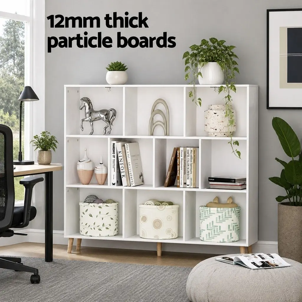 Bookshelf Minimalist 3 Tier 10 Cubes Storage Display Unit White Paper Veneer Pine Wood Legs