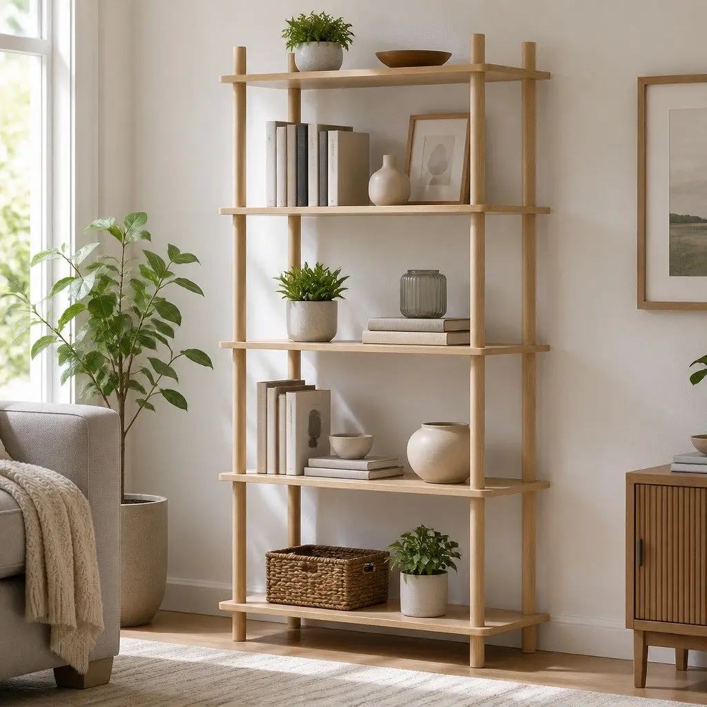 5-Tier Pine Bookshelf for Living Room Storage