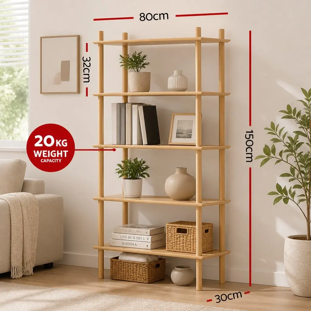 5-Tier Pine Bookshelf for Living Room Storage