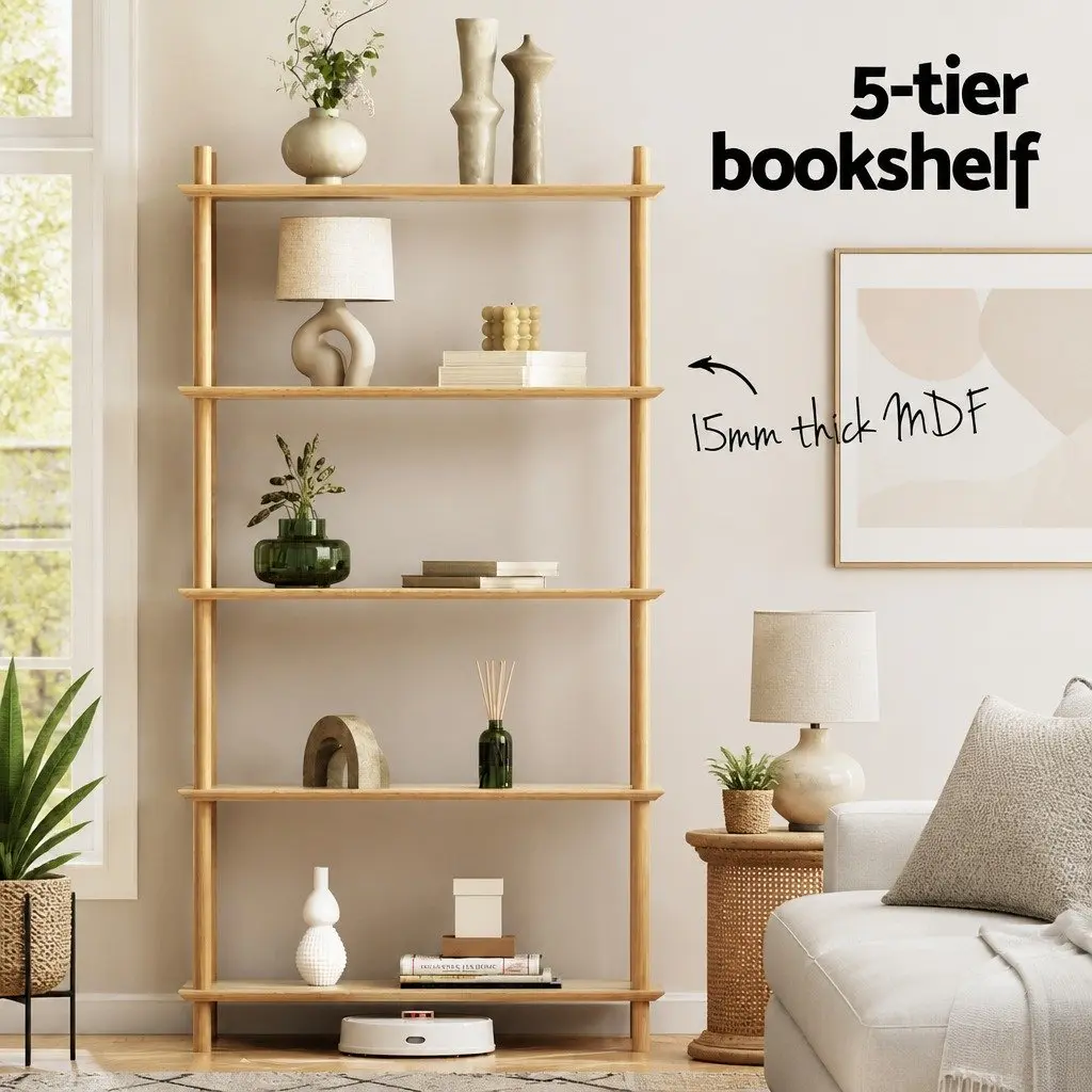 5-Tier Pine Bookshelf for Living Room Storage