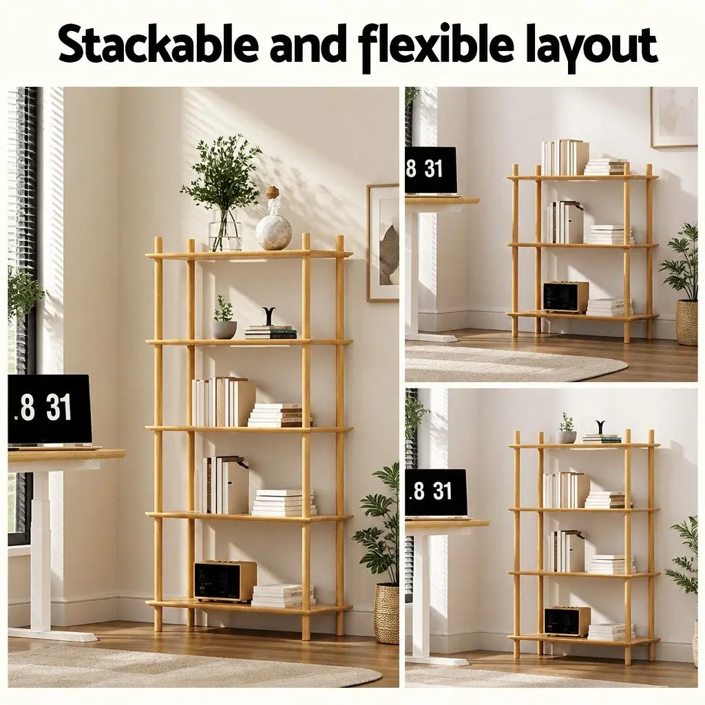 5-Tier Pine Bookshelf for Living Room Storage