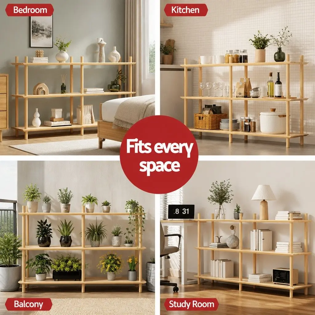 3-Tier Bookshelf Display Stand Storage Rack Wooden Shelves with Anti-Tip Kit