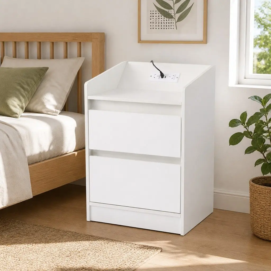 Bedside Table Nightstand with 2 Drawers Charging Station LED Lights White