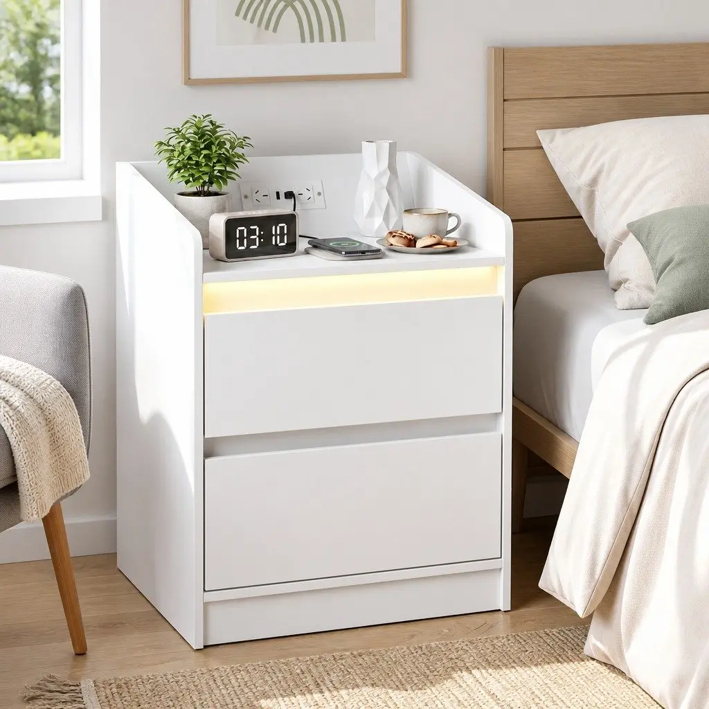 Bedside Table Nightstand with 2 Drawers Charging Station LED Lights White