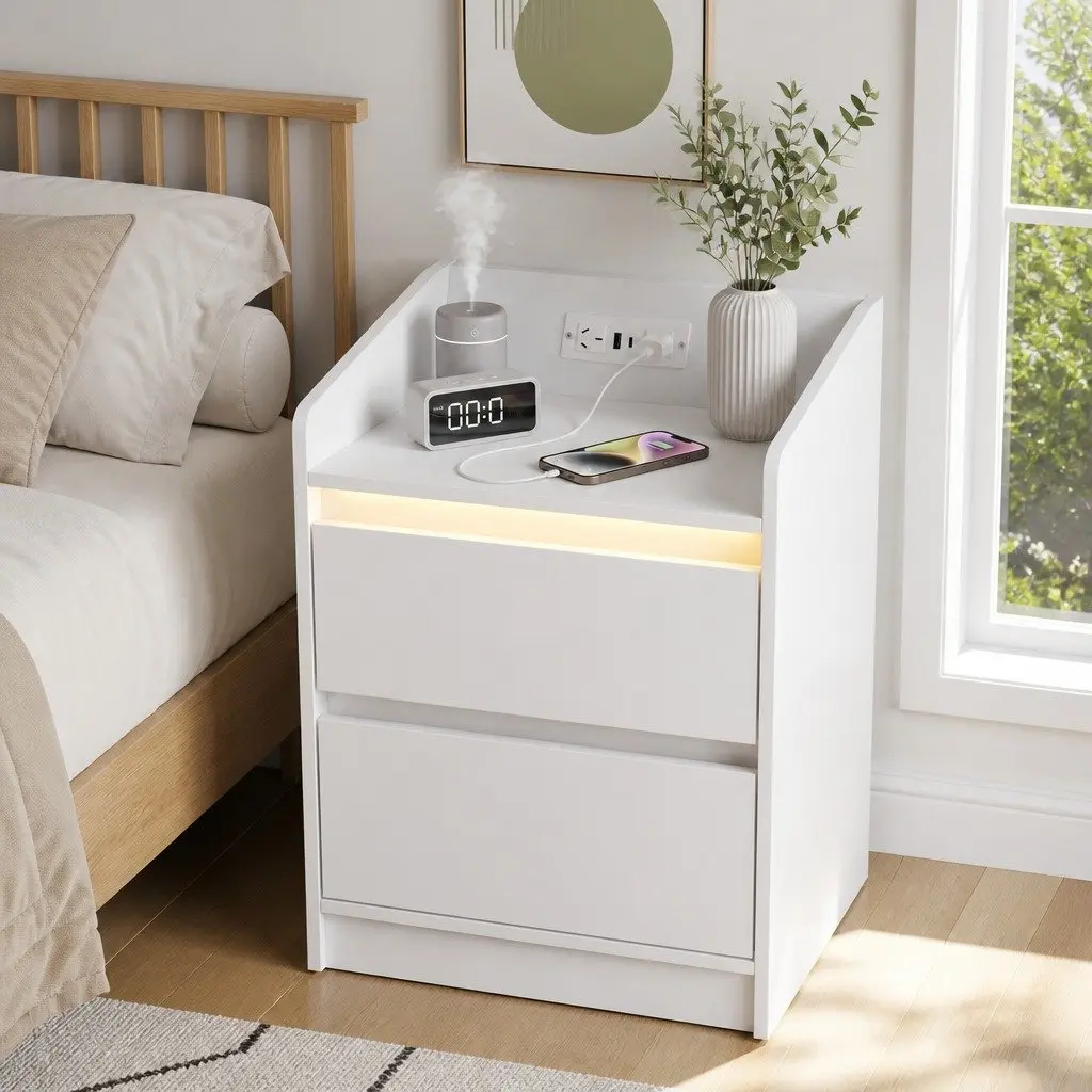 Bedside Table Nightstand with 2 Drawers Charging Station LED Lights White
