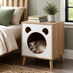 Cozy 2-in-1 Bedside Table and Cat Nest with Wood Legs