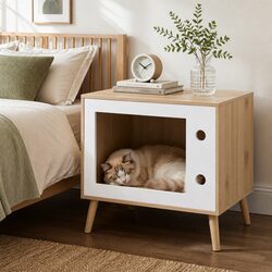 Pine Wood MDF Bedside Table with Cozy Cat Nest