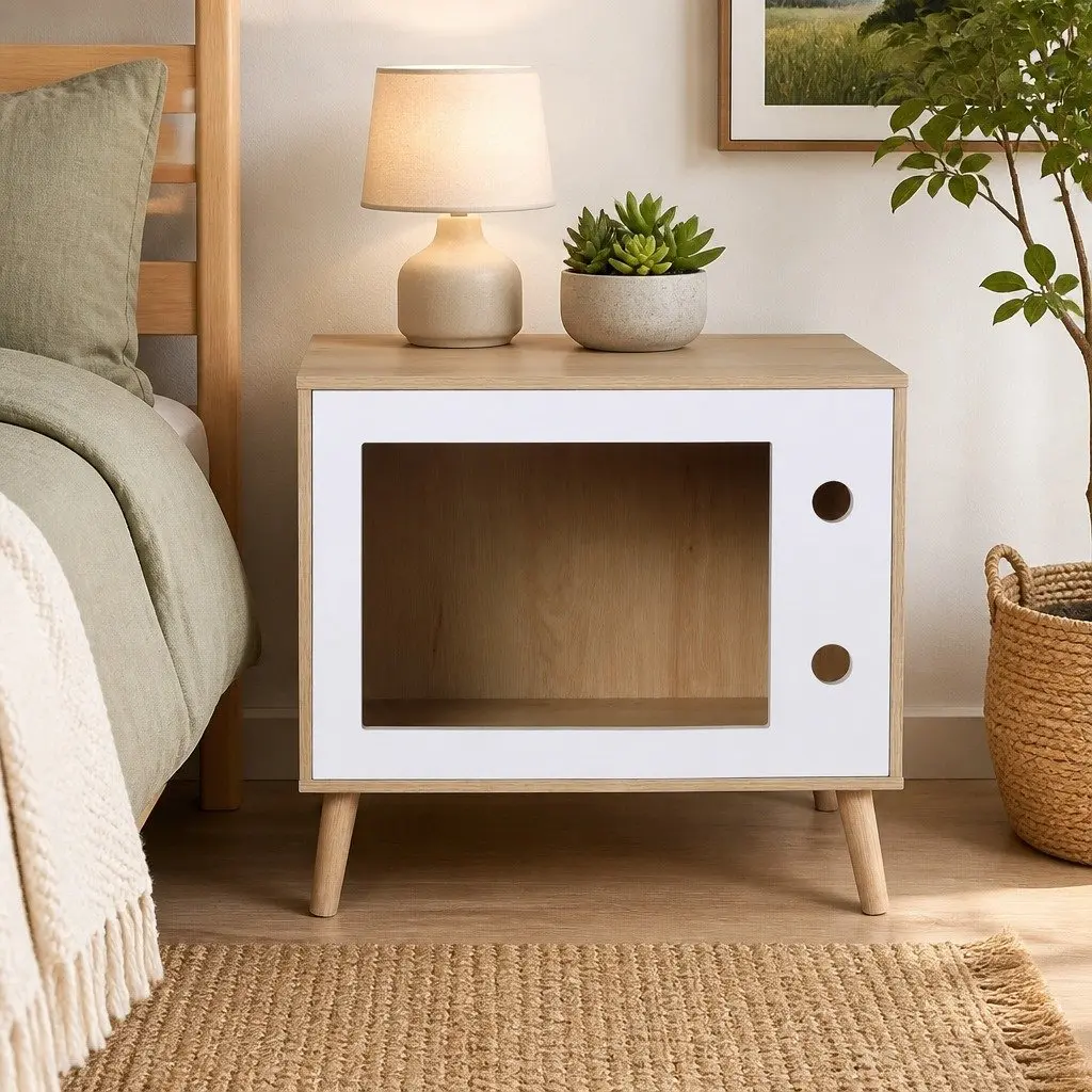 Bedside Table Cat Nest 60cm Modern MDF Pine Wood Bedroom Furniture