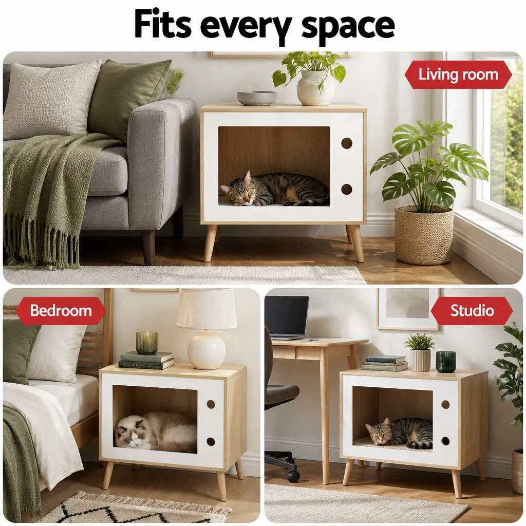 Bedside Table Cat Nest 60cm Modern MDF Pine Wood Bedroom Furniture