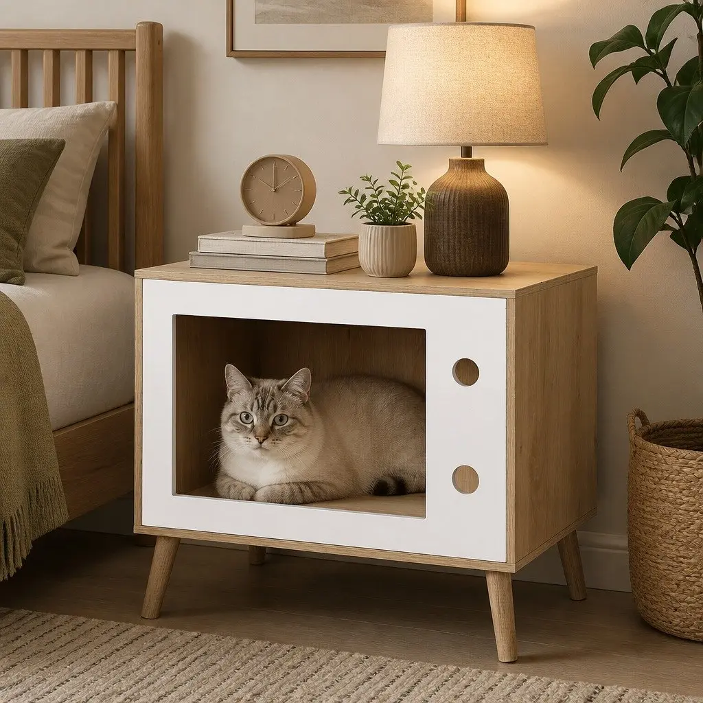 Bedside Table Cat Nest 60cm Modern MDF Pine Wood Bedroom Furniture