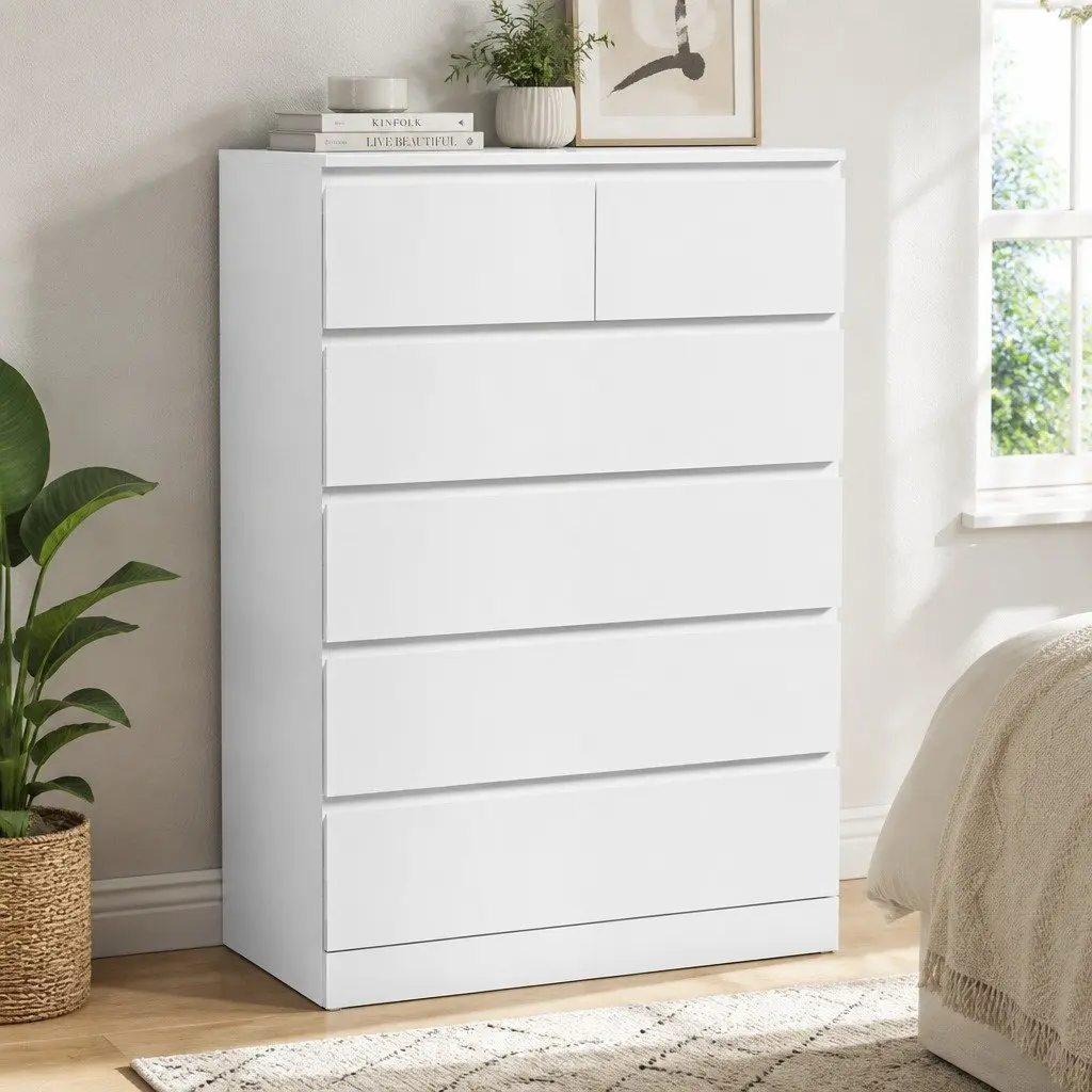 White Chest of Drawers Contemporary 6 Drawer Bedroom Storage Particleboard