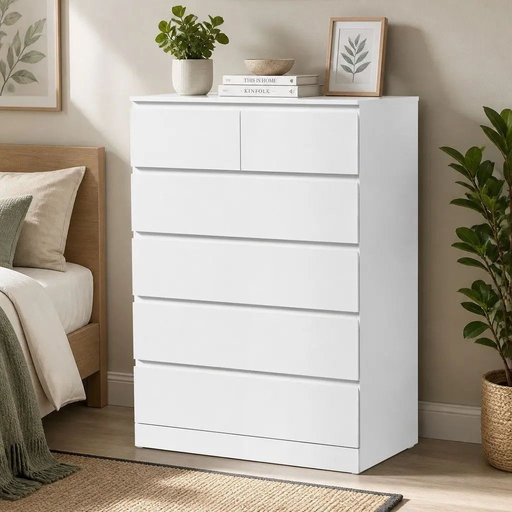 White Chest of Drawers Contemporary 6 Drawer Bedroom Storage Particleboard