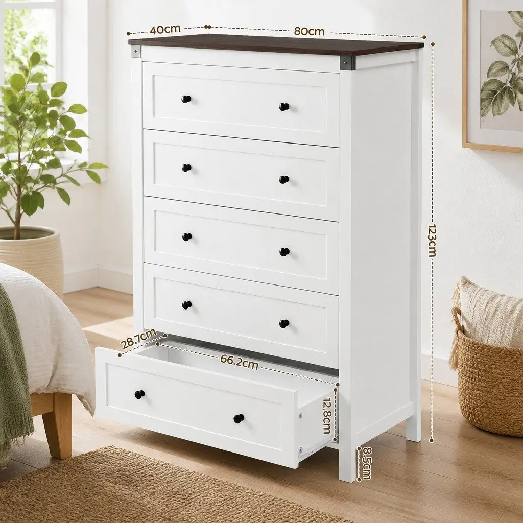 5 Drawer Tallboy Chest in White and Walnut Finish