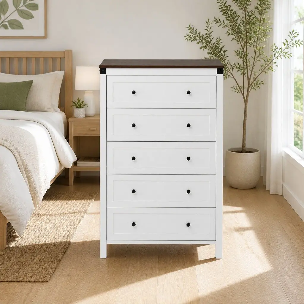 5 Drawer Tallboy Chest in White and Walnut Finish