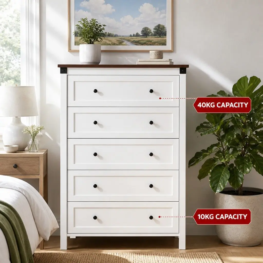 5 Drawer Tallboy Chest in White and Walnut Finish