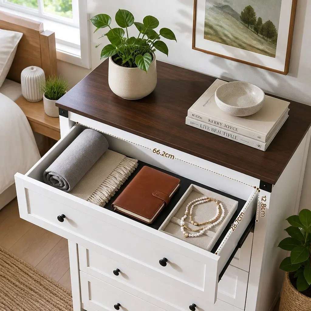 5 Drawer Tallboy Chest in White and Walnut Finish