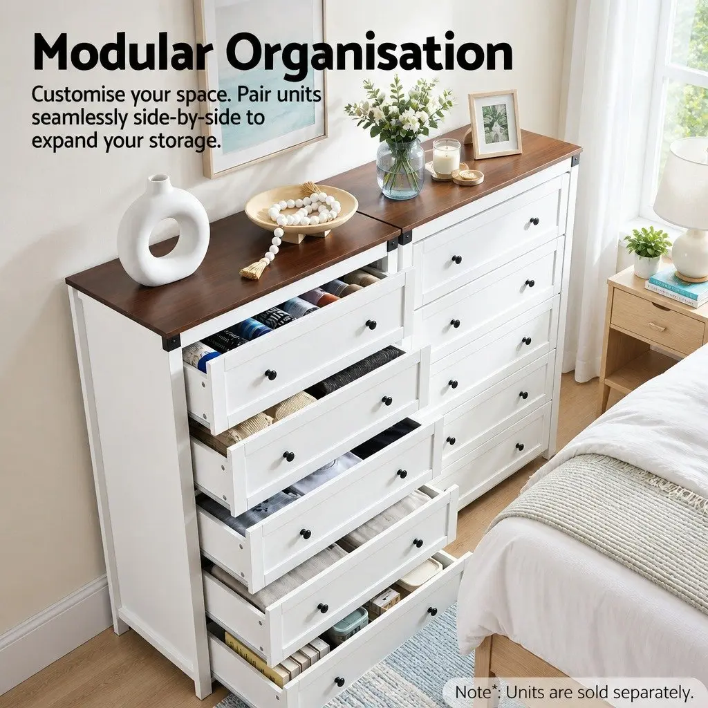 5 Drawer Tallboy Chest in White and Walnut Finish