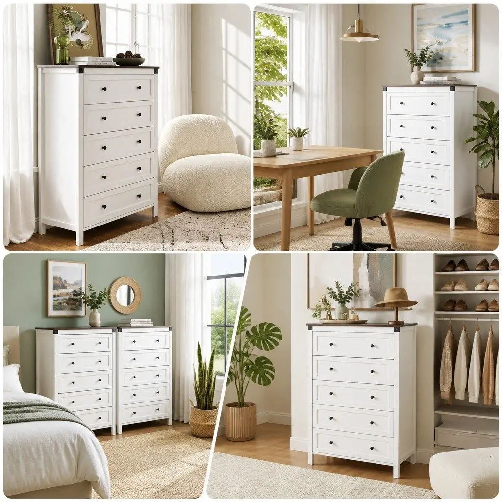 5 Drawer Tallboy Chest in White and Walnut Finish