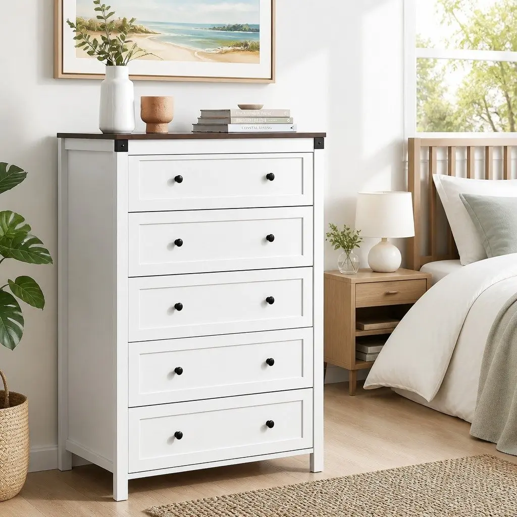 5 Drawer Tallboy Chest in White and Walnut Finish
