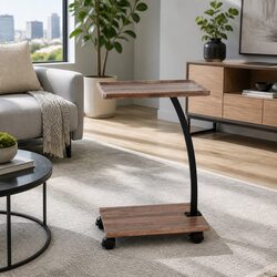 Warm Walnut C Shaped Coffee Table with Wheels