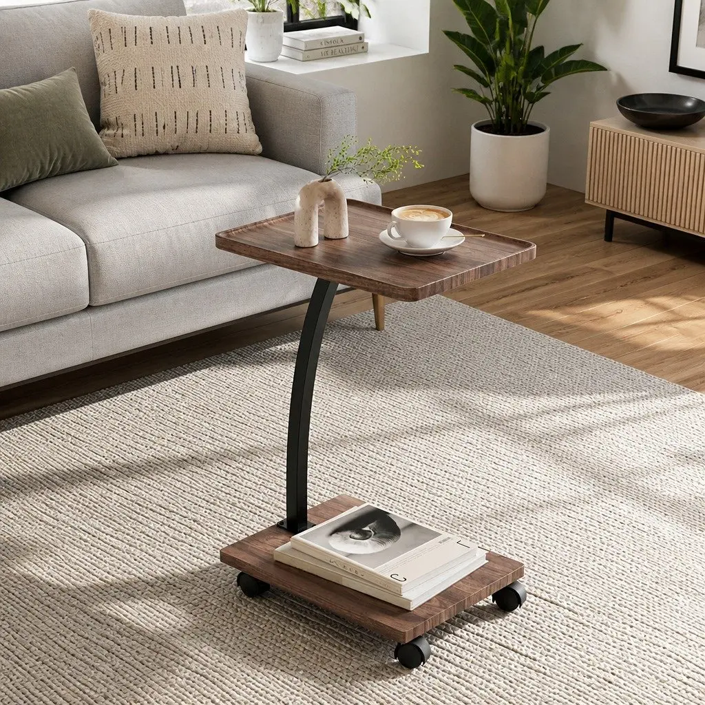 C Shaped Coffee Table Walnut Mobile Side Table MDF Metal 30cm W x 40cm D x 59cm H