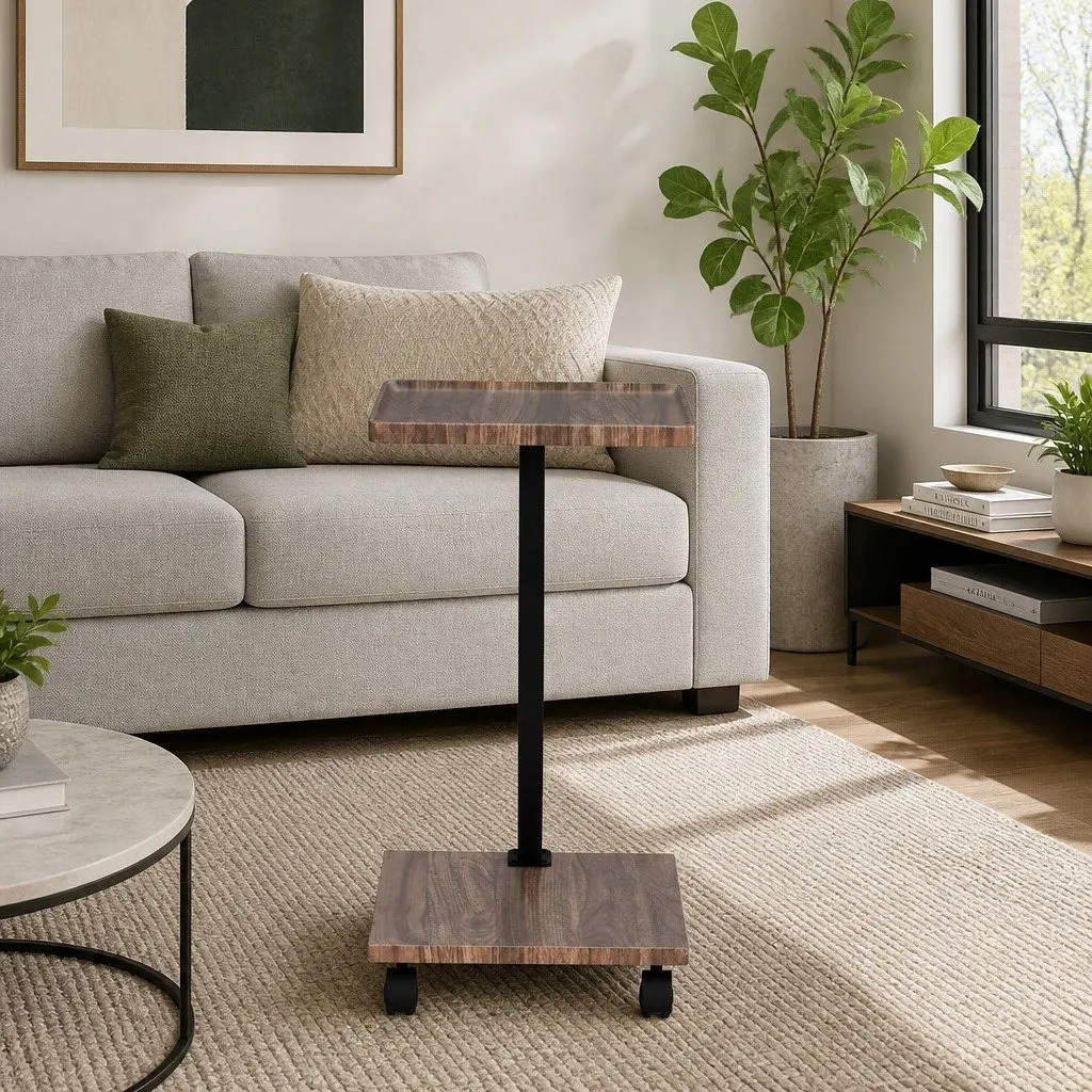 C Shaped Coffee Table Walnut Mobile Side Table MDF Metal 30cm W x 40cm D x 59cm H