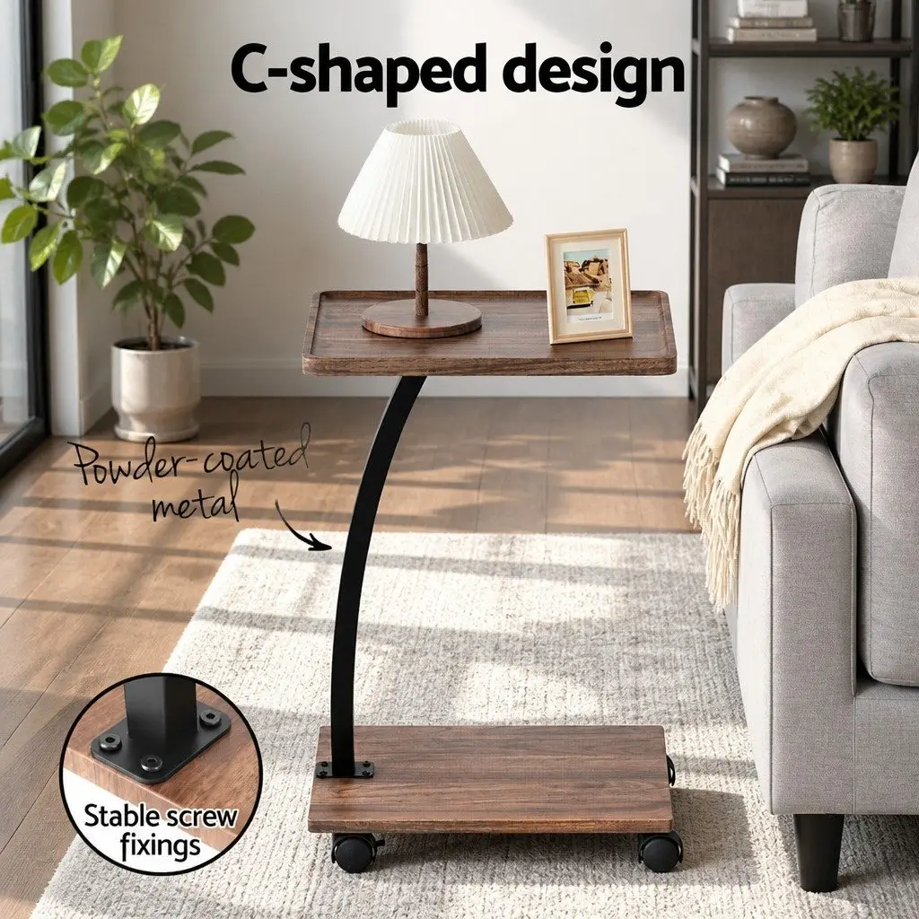 C Shaped Coffee Table Walnut Mobile Side Table MDF Metal 30cm W x 40cm D x 59cm H