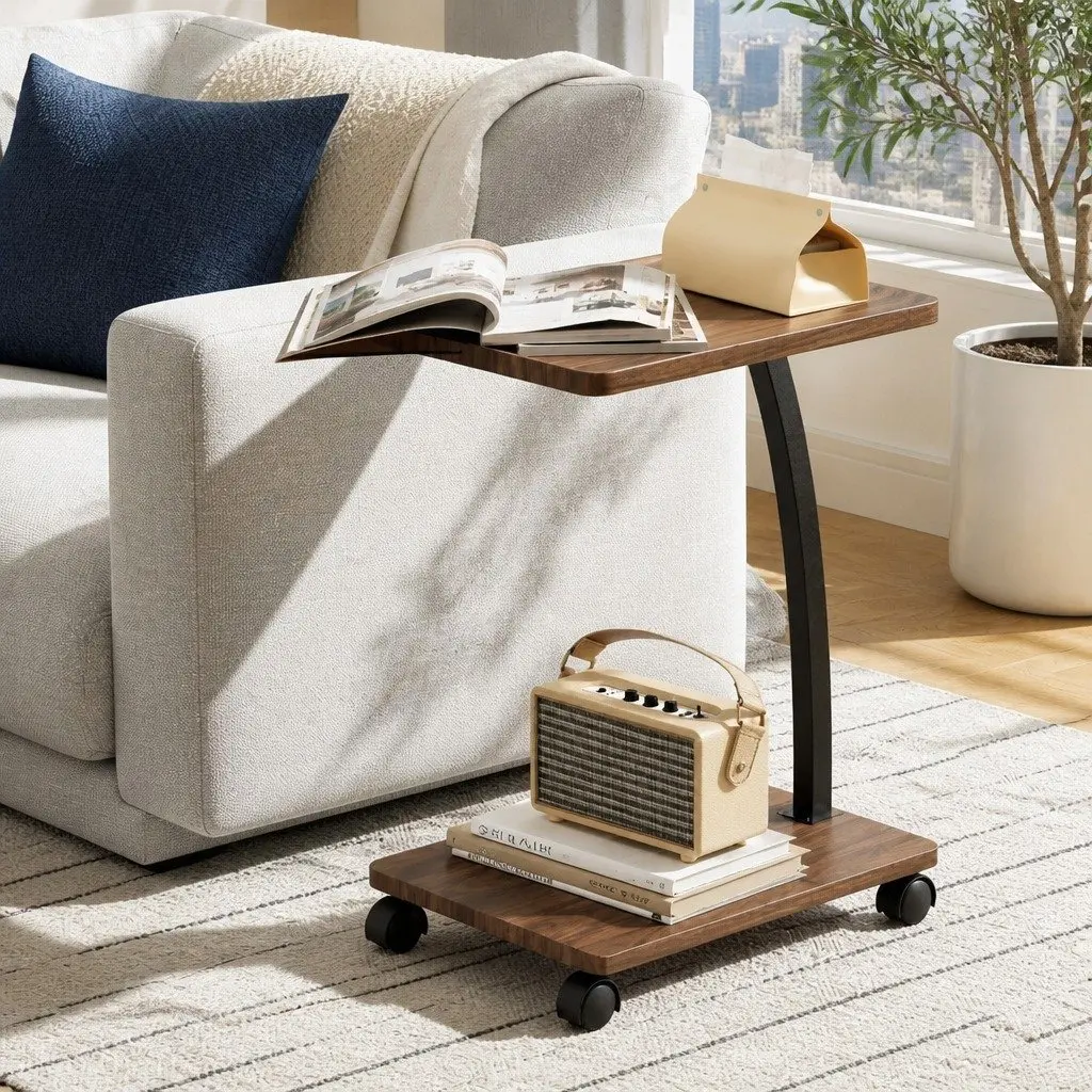 C Shaped Coffee Table Walnut Mobile Side Table MDF Metal 30cm W x 40cm D x 59cm H