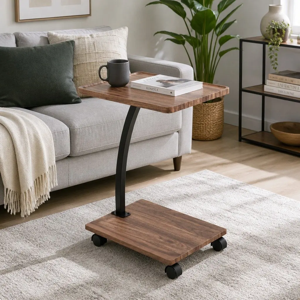C Shaped Coffee Table Walnut Mobile Side Table MDF Metal 30cm W x 40cm D x 59cm H