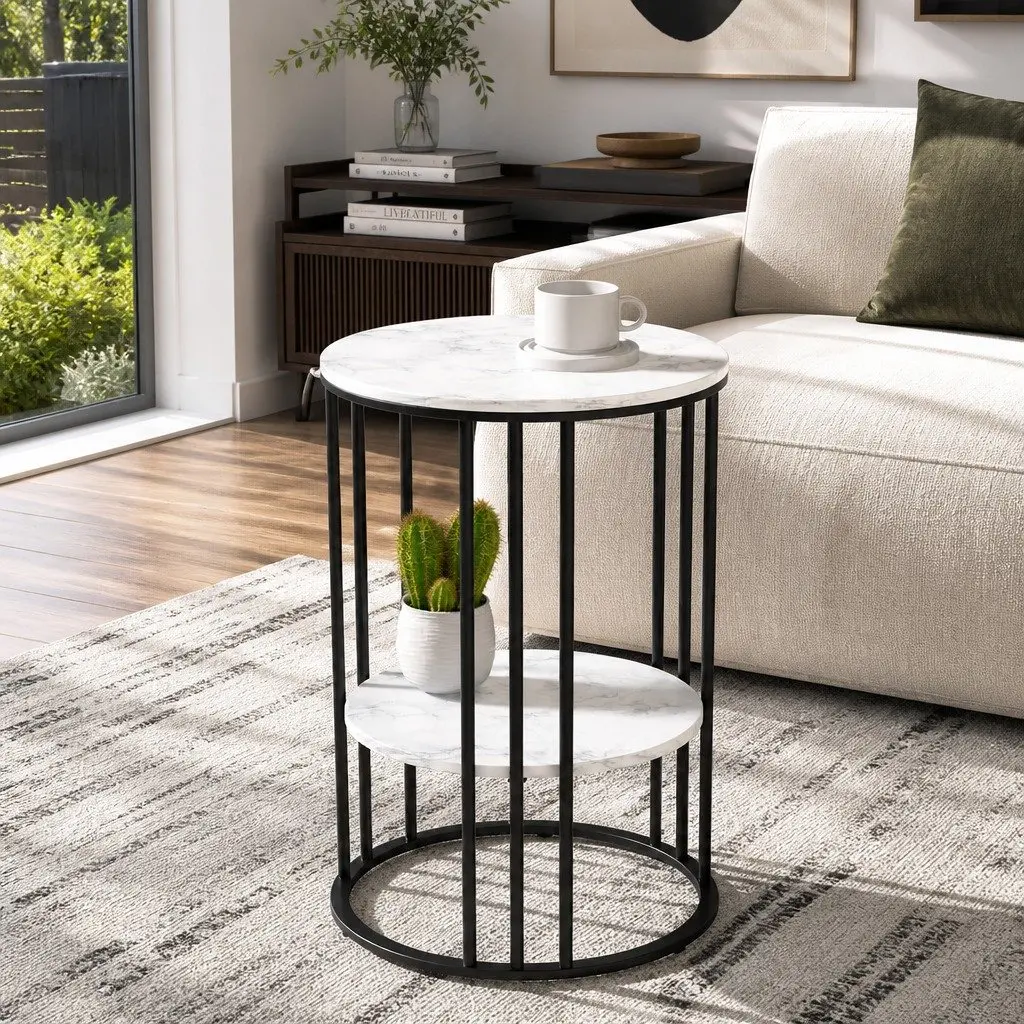 Coffee Table Round Marble Effect Beige 2-Tier MDF Metal Frame