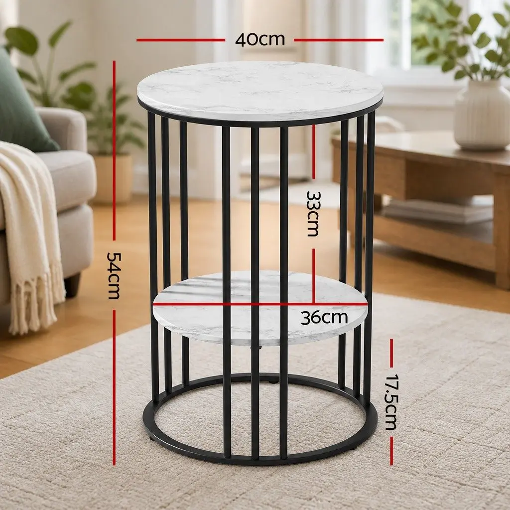 Coffee Table Round Marble Effect Beige 2-Tier MDF Metal Frame
