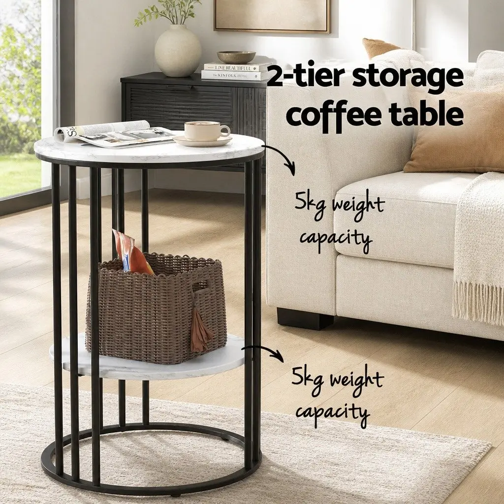Coffee Table Round Marble Effect Beige 2-Tier MDF Metal Frame