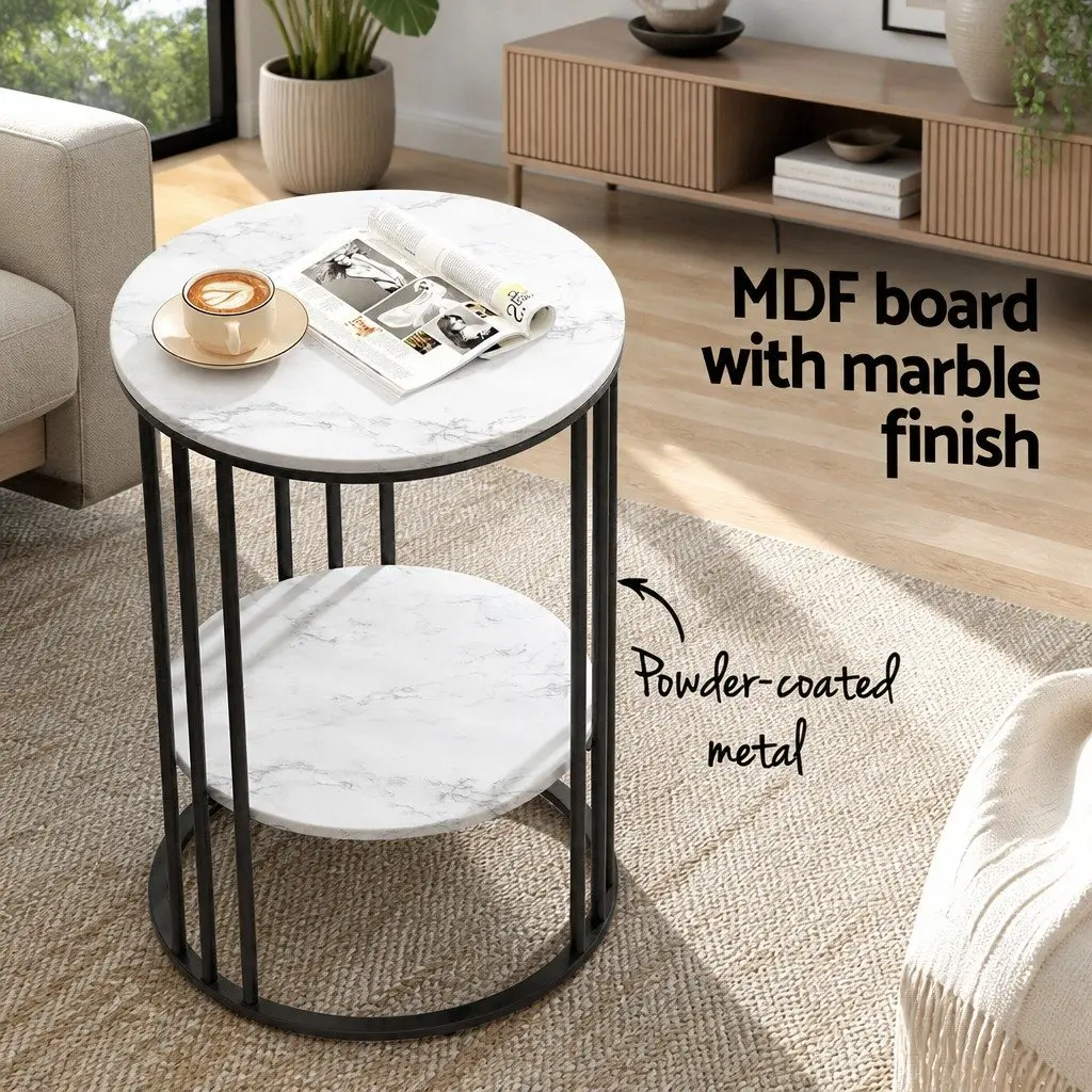 Coffee Table Round Marble Effect Beige 2-Tier MDF Metal Frame