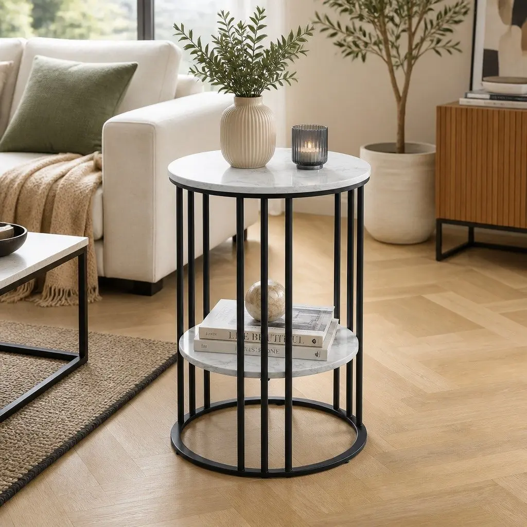 Coffee Table Round Marble Effect Beige 2-Tier MDF Metal Frame