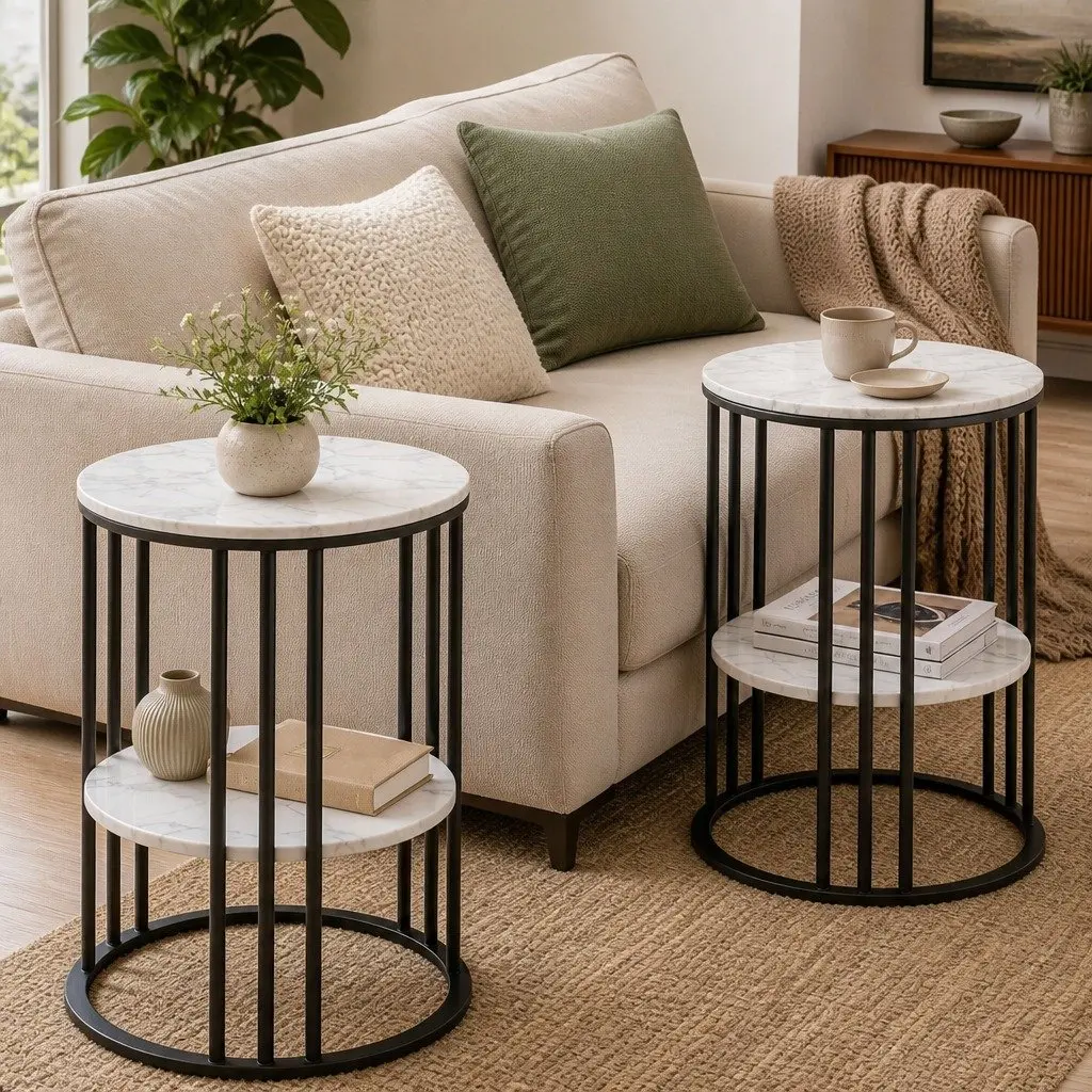 Set of 2 Beige Round Side Tables with Marble Effect