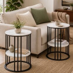 Set of 2 Beige Round Side Tables with Marble Effect