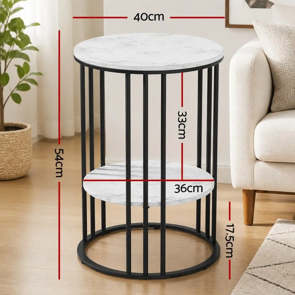 Set of 2 Round Side Tables Marble Effect Beige 2-Tier MDF Top Metal Frame