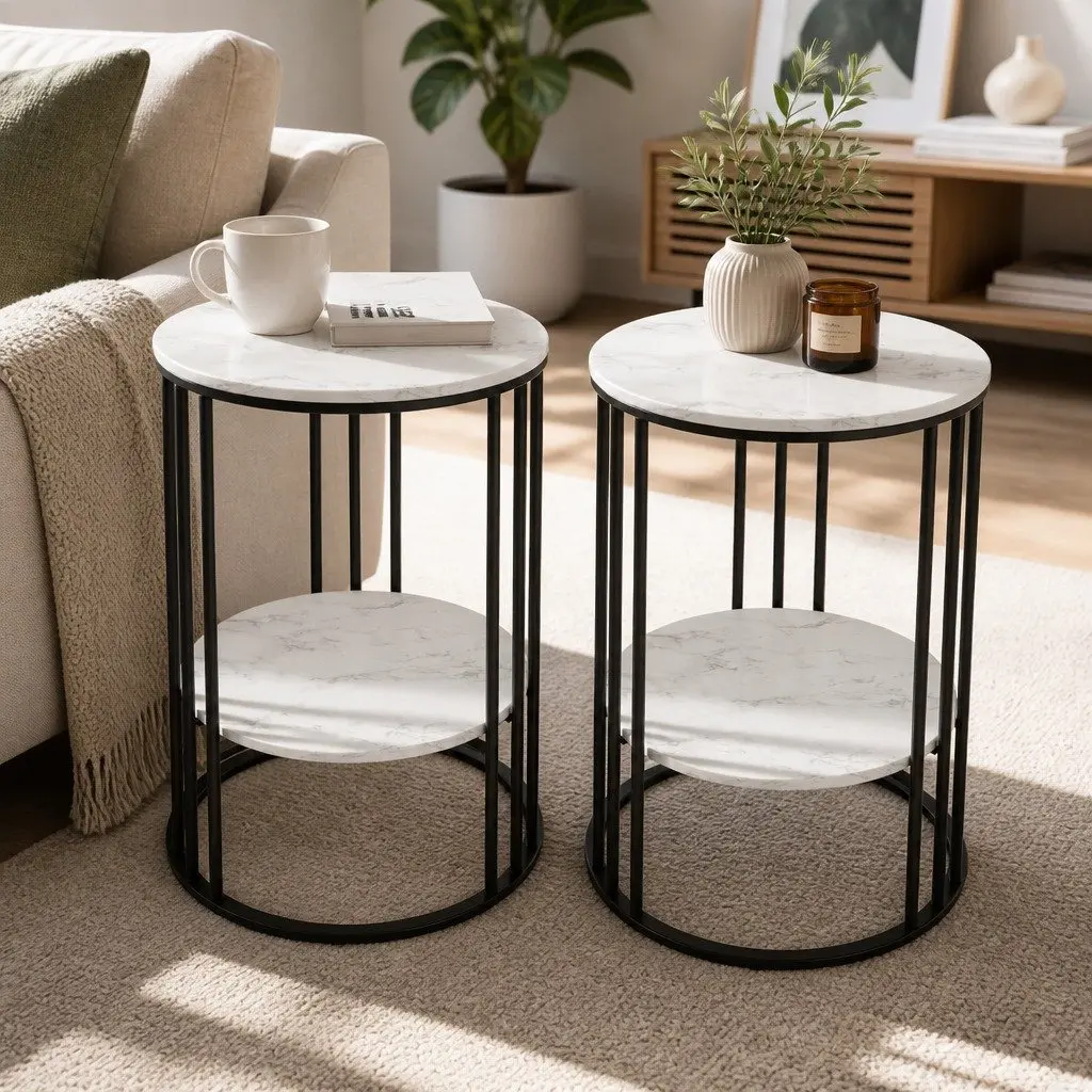 Set of 2 Round Side Tables Marble Effect Beige 2-Tier MDF Top Metal Frame