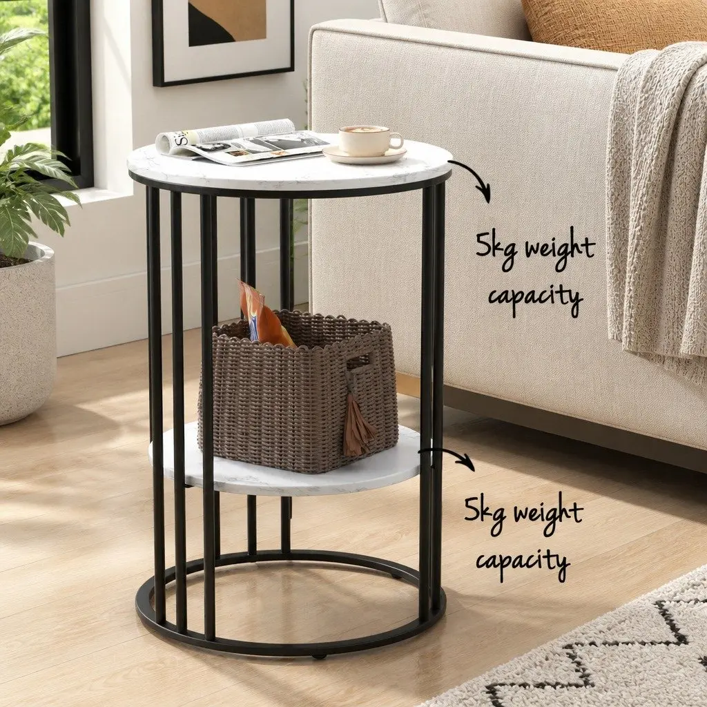 Set of 2 Round Side Tables Marble Effect Beige 2-Tier MDF Top Metal Frame