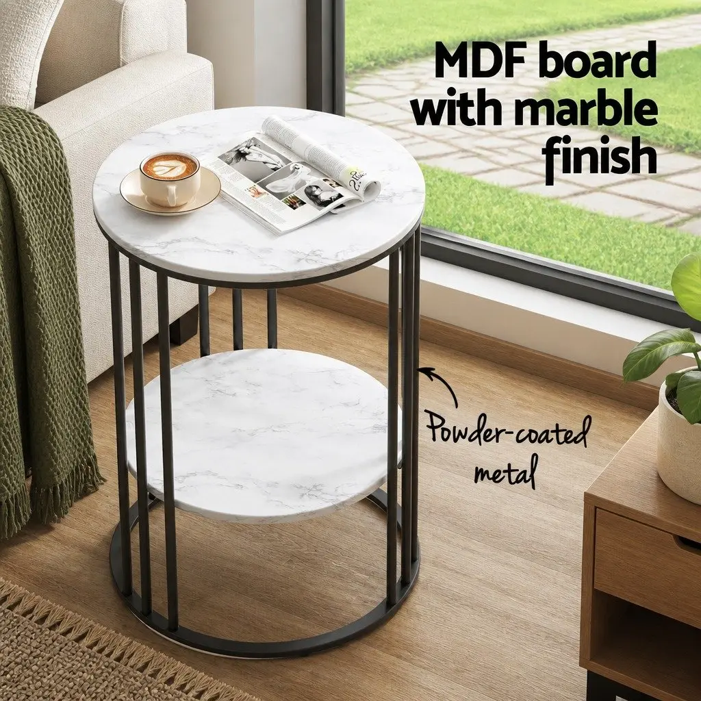 Set of 2 Round Side Tables Marble Effect Beige 2-Tier MDF Top Metal Frame
