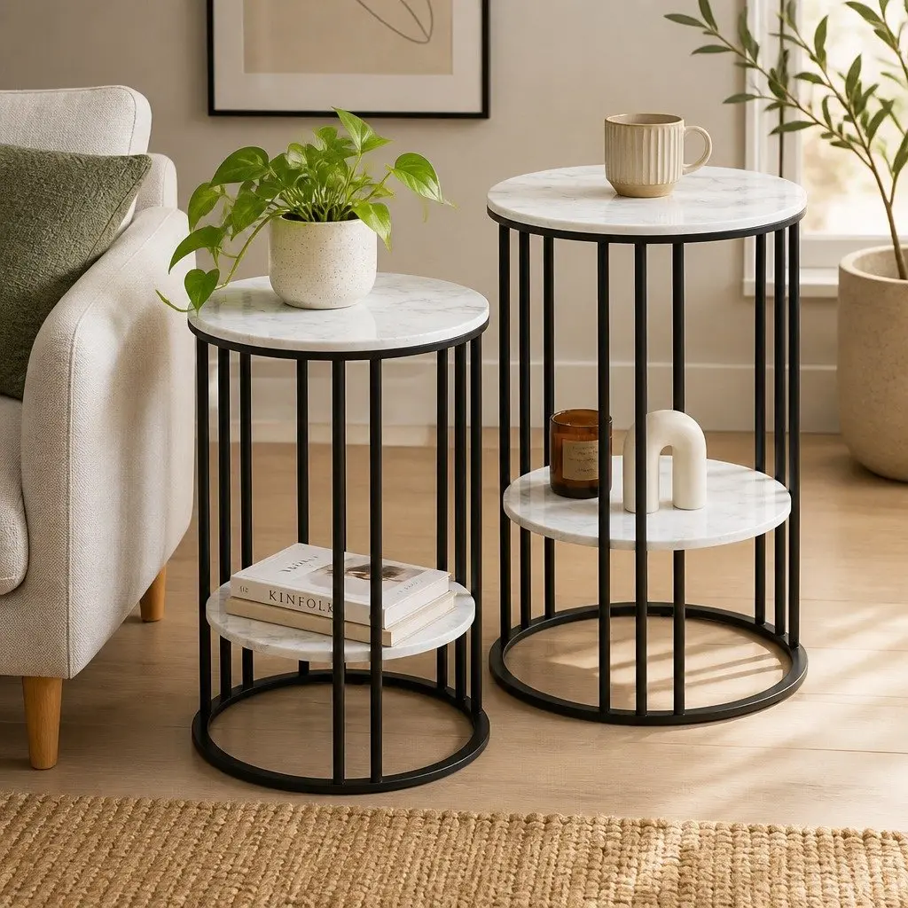 Set of 2 Round Side Tables Marble Effect Beige 2-Tier MDF Top Metal Frame