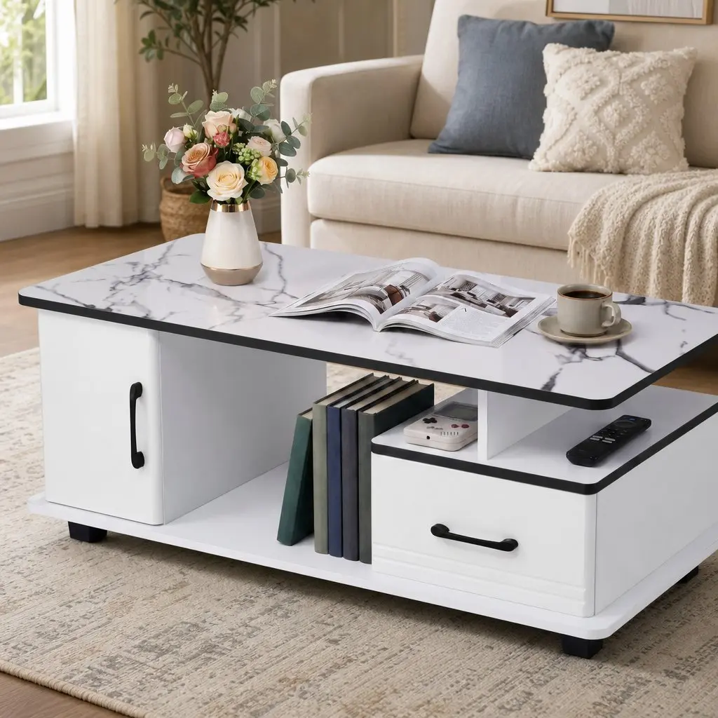 Coffee Table White Marble Top Rectangular with Storage Drawer Open Shelves Solid Pine Wood Legs