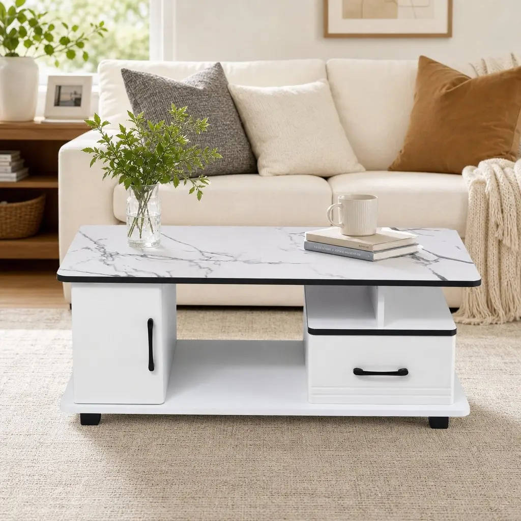 Coffee Table White Marble Top Rectangular with Storage Drawer Open Shelves Solid Pine Wood Legs