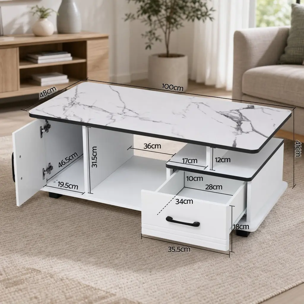Coffee Table White Marble Top Rectangular with Storage Drawer Open Shelves Solid Pine Wood Legs