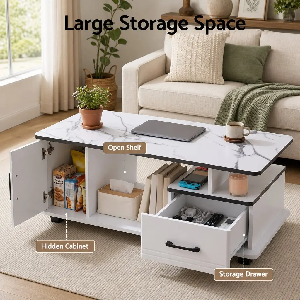 Coffee Table White Marble Top Rectangular with Storage Drawer Open Shelves Solid Pine Wood Legs
