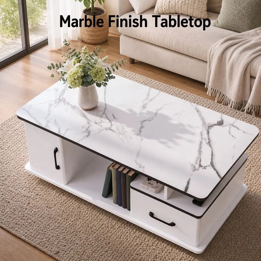 Coffee Table White Marble Top Rectangular with Storage Drawer Open Shelves Solid Pine Wood Legs