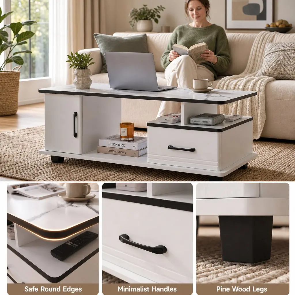 Coffee Table White Marble Top Rectangular with Storage Drawer Open Shelves Solid Pine Wood Legs