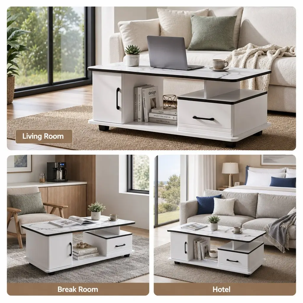 Coffee Table White Marble Top Rectangular with Storage Drawer Open Shelves Solid Pine Wood Legs