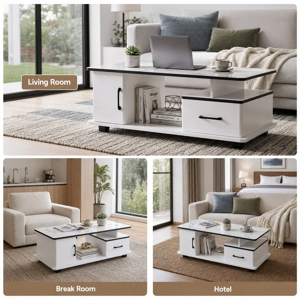 Coffee Table White Marble Top Rectangular with Storage Drawer Open Shelves Solid Pine Wood Legs